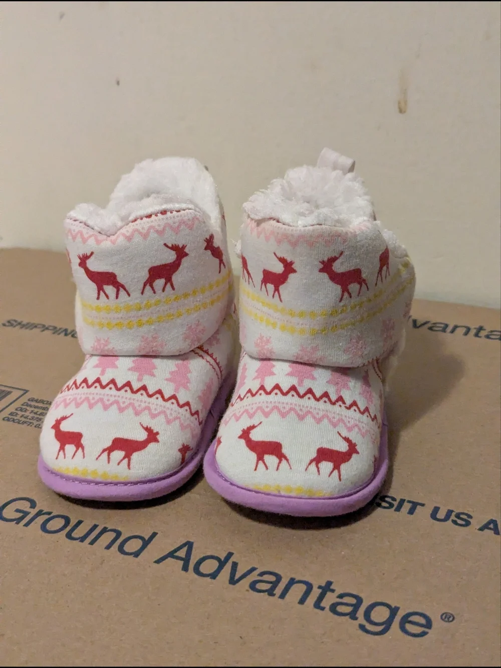 Baby Pink Reindeer Winter Fleece Booties Soft Sole Slippers Estimated Size 0-6M